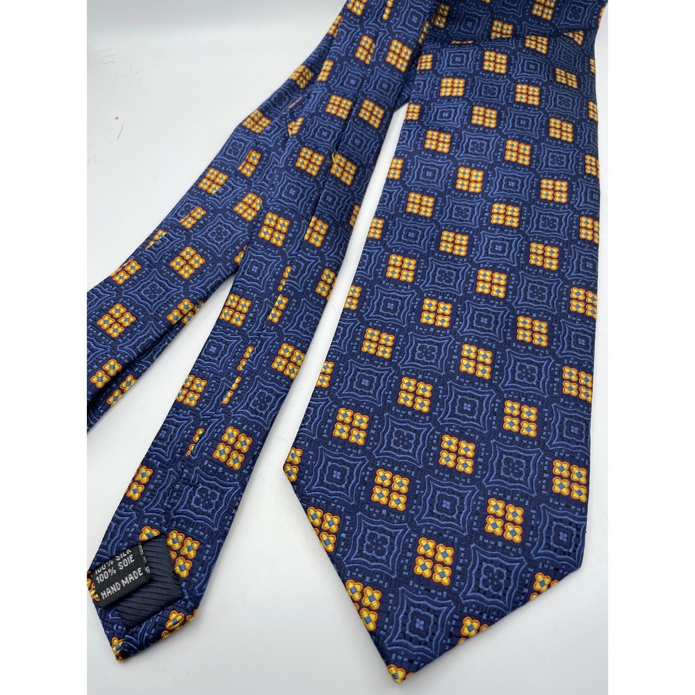 Pino Baldini Mens Silk Tie Navy Blue Gold Geometric Medallion Hand Made Necktie